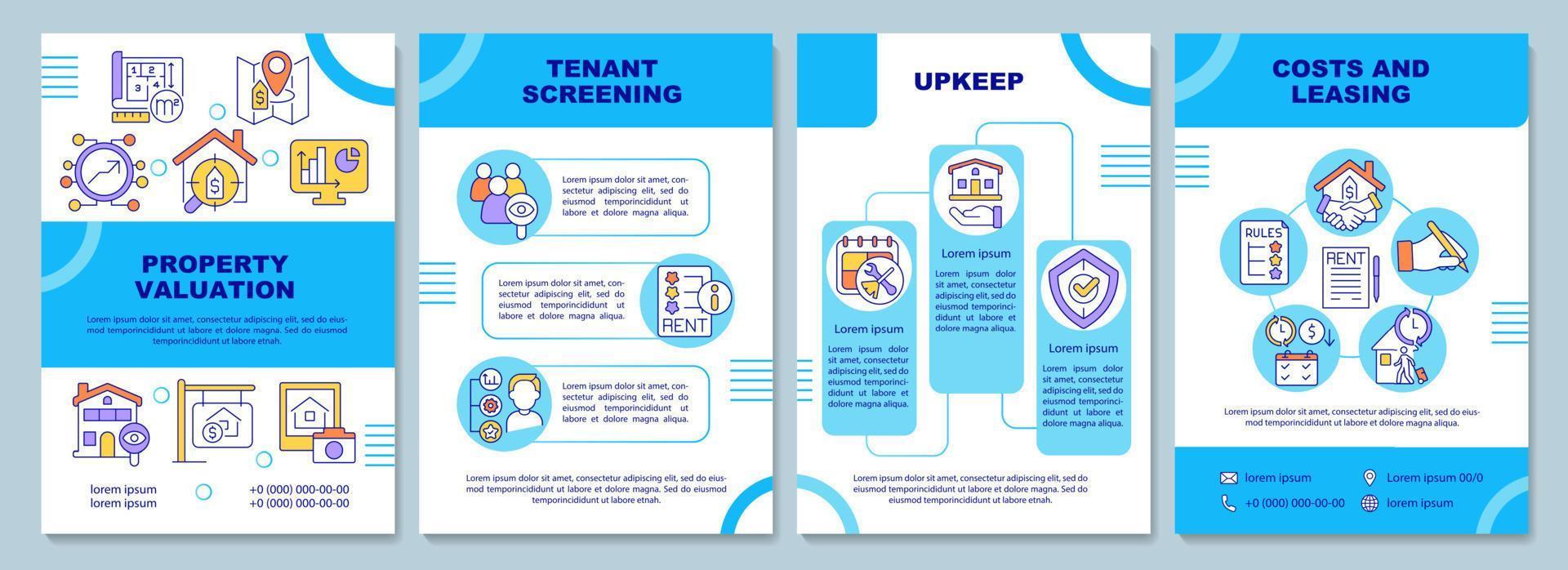 plantilla de folleto azul de responsabilidades del administrador de propiedades. diseño de impresión de folletos con iconos lineales. diseños vectoriales para presentaciones, informes anuales, anuncios vector