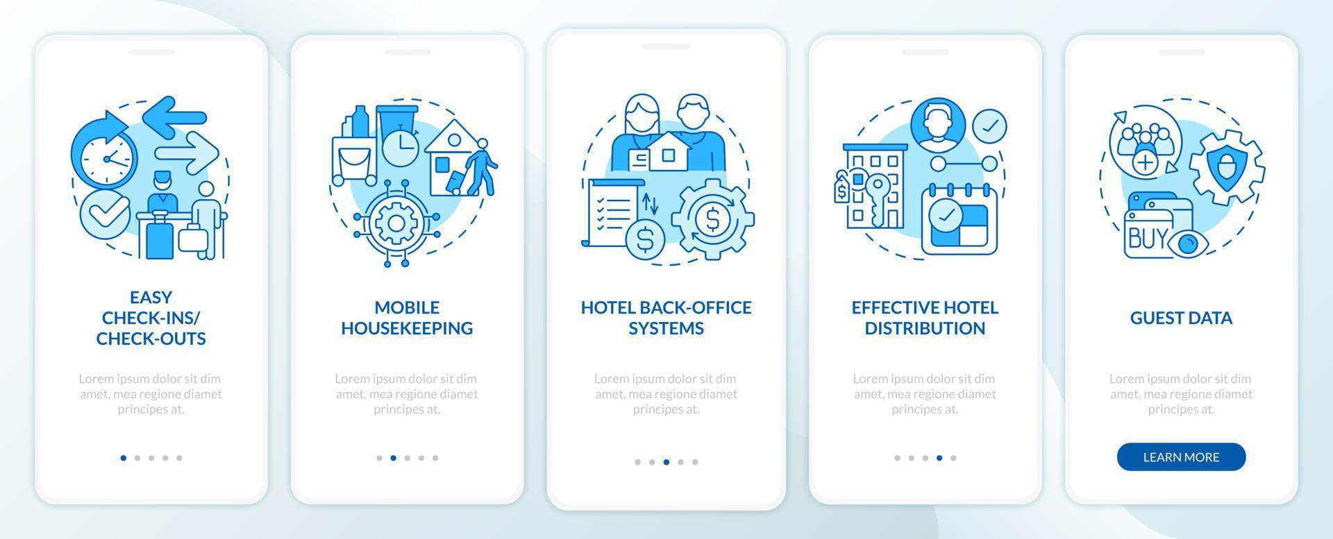 Hotel property management systems blue onboarding mobile app screen. Tech walkthrough 5 steps graphic instructions pages with linear concepts. UI, UX, GUI template vector