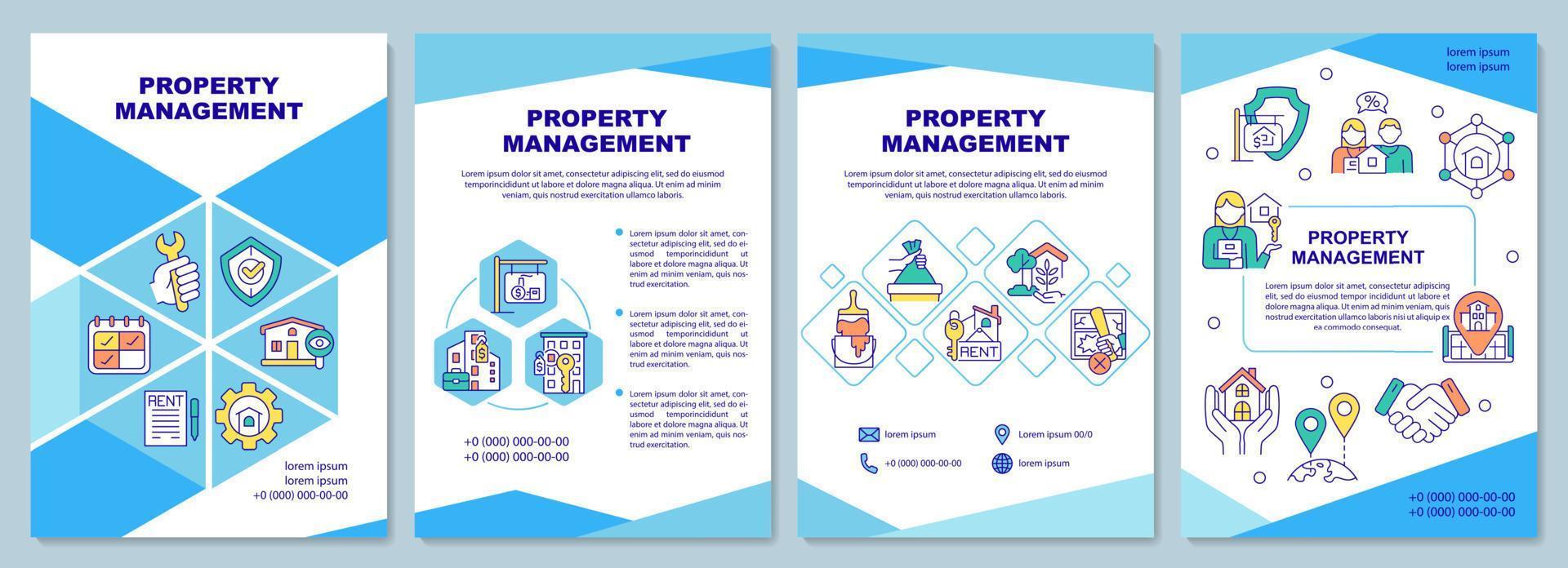 Property management blue brochure template. Real estate. Booklet print design with linear icons. Vector layouts for presentation, annual reports, ads