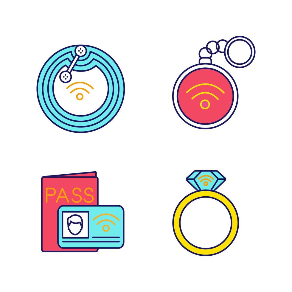 conjunto de iconos de color de tecnología nfc. chip de campo cercano, baratija, sistema de identificación, anillo. ilustraciones de vectores aislados