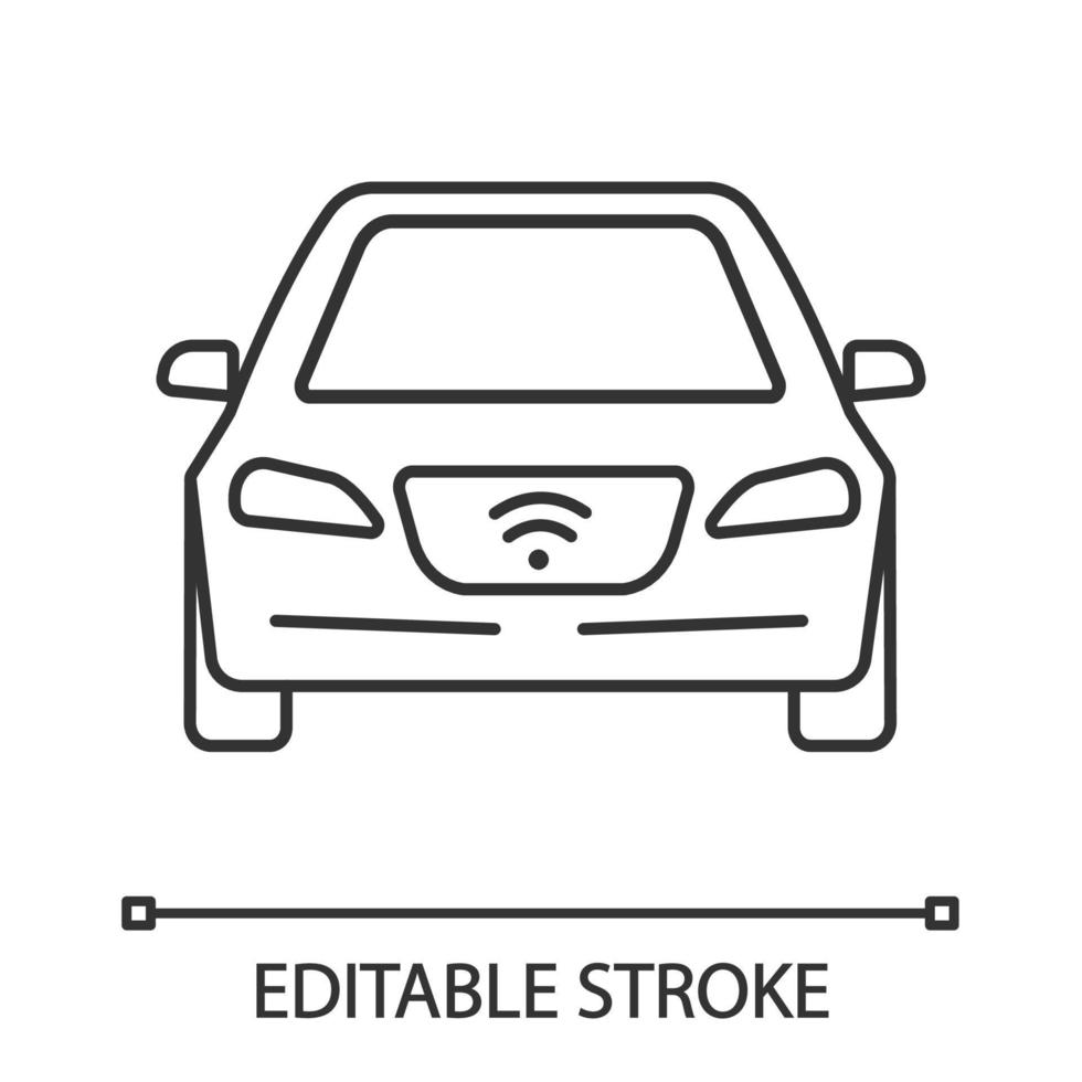 Smart car linear icon. NFC auto. Intelligent vehicle. Thin line illustration. Self driving automobile. Autonomous car. Contour symbol. Vector isolated outline drawing. Editable stroke