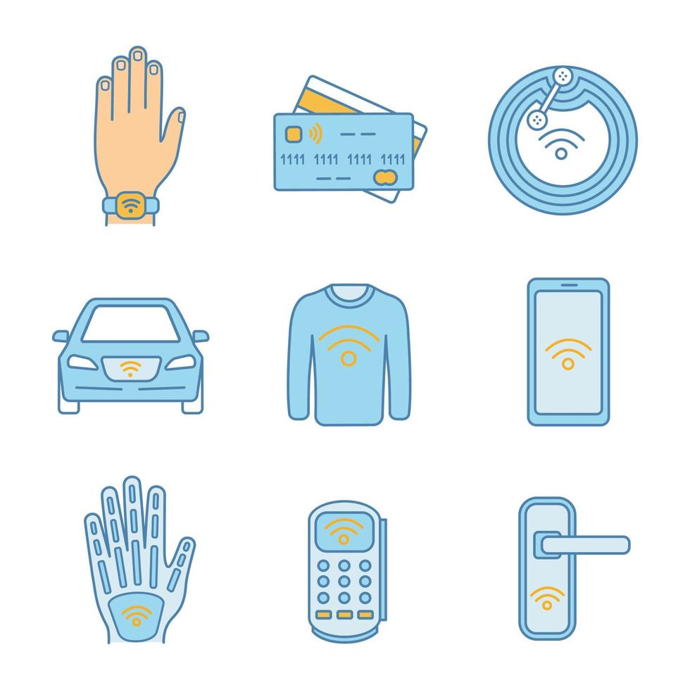 conjunto de iconos de color de tecnología nfc. brazalete de campo cercano, tarjetas de crédito, chip, automóvil, ropa, teléfono inteligente, implante de mano, terminal pos, cerradura de puerta. ilustraciones de vectores aislados