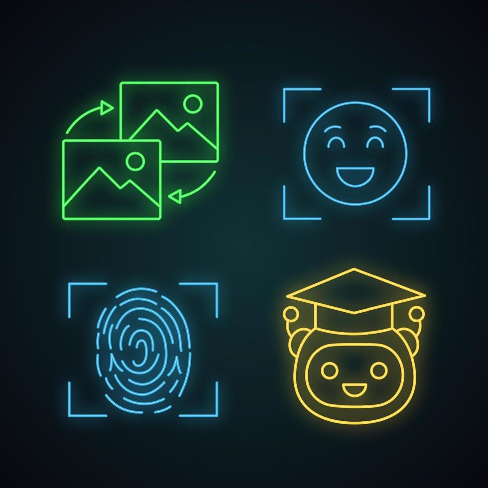 conjunto de iconos de luz de neón de aprendizaje automático. transformación de datos, detección de emociones, identificación de huellas dactilares, robot maestro. signos brillantes. Ilustraciones de vectores aislados