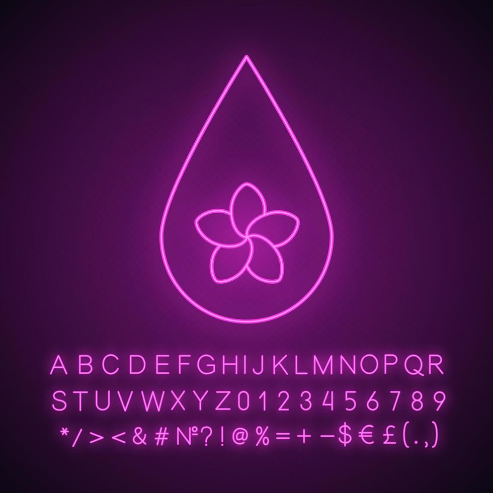 Aromatherapy oil drop neon light icon. Spa salon oil drop with plumeria flower inside. Glowing sign with alphabet, numbers and symbols. Vector isolated illustration