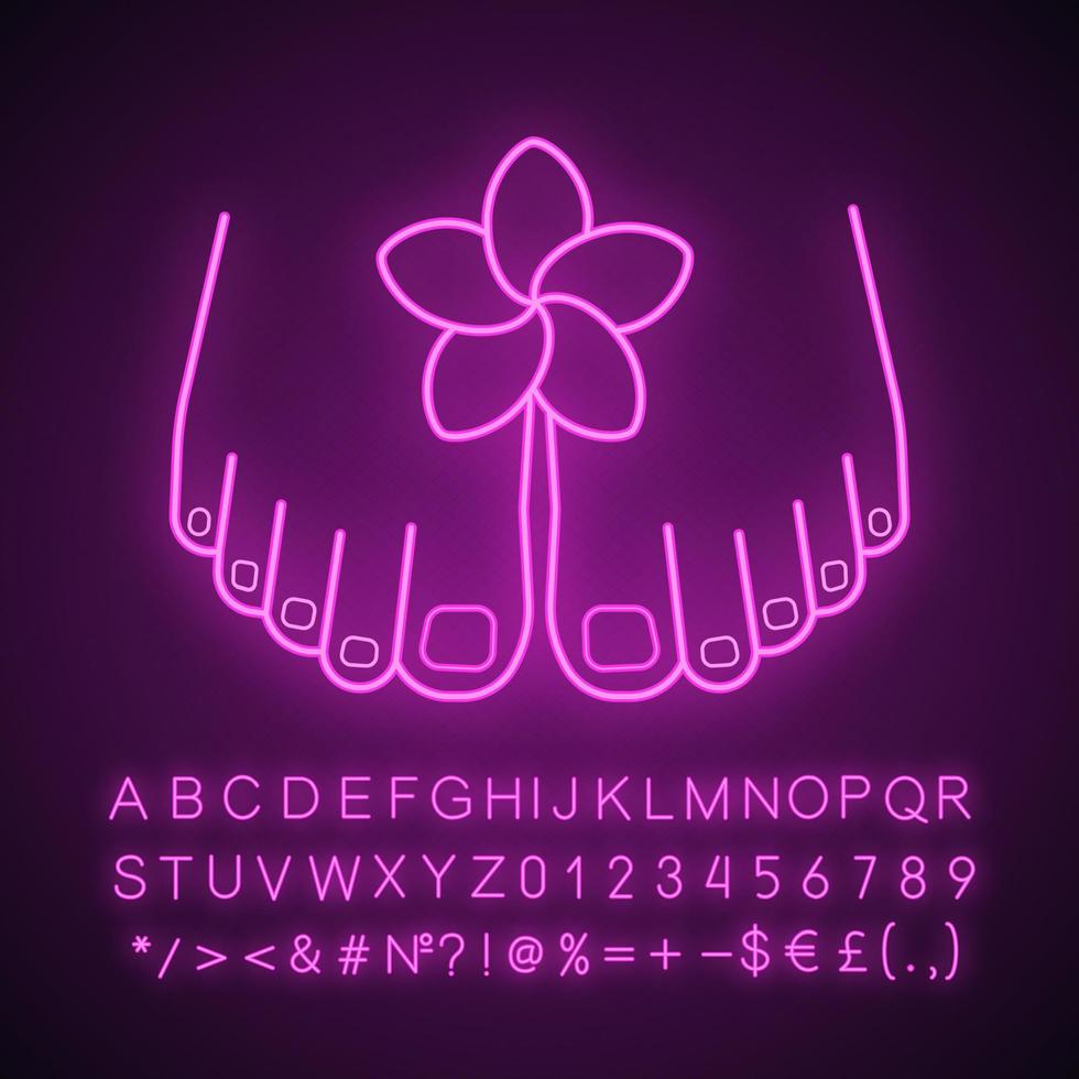 Feet care neon light icon. Woman's feet with plumeria flower. Spa salon procedure. Glowing sign with alphabet, numbers and symbols. Vector isolated illustration