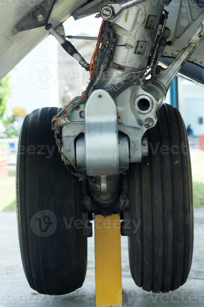 Close-up view of wheel well or landing gear of an old aircraft. photo