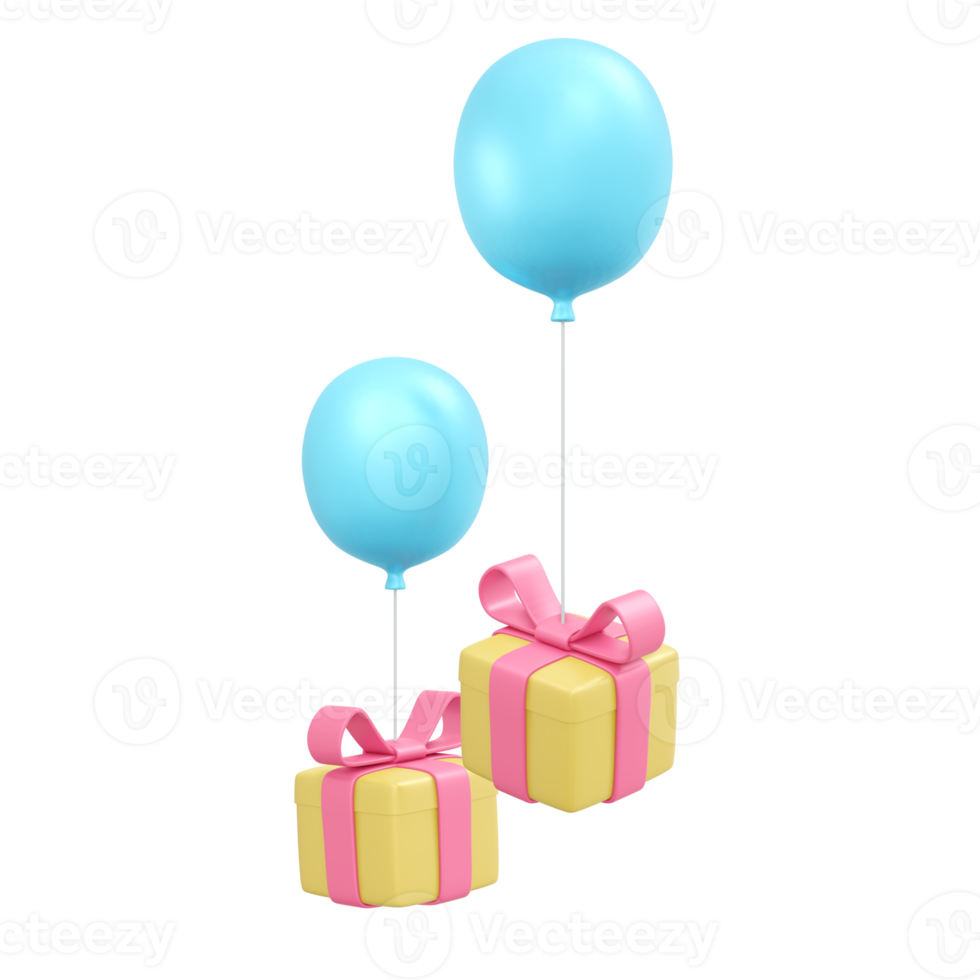 3D-Rendering von Geschenkbox und Ballon isoliert auf Hintergrund für kommerzielles Design. 3D-Darstellung im Cartoon-Stil. png