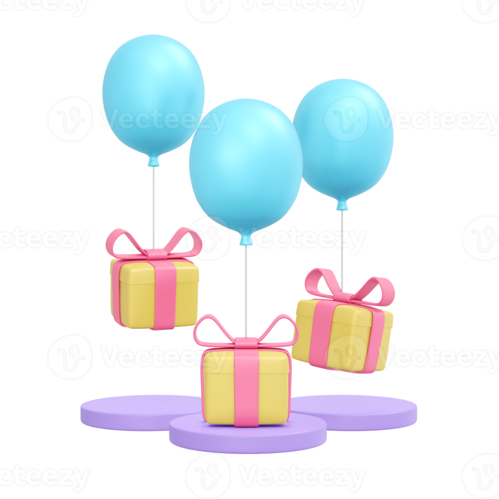 3d rendering of gift box and balloon isolated on background for commercial design. 3d render illustration cartoon style. png