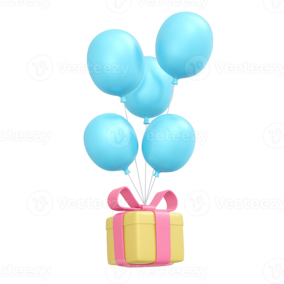 3D-Rendering von Geschenkbox und Ballon isoliert auf Hintergrund für kommerzielles Design. 3D-Darstellung im Cartoon-Stil. png