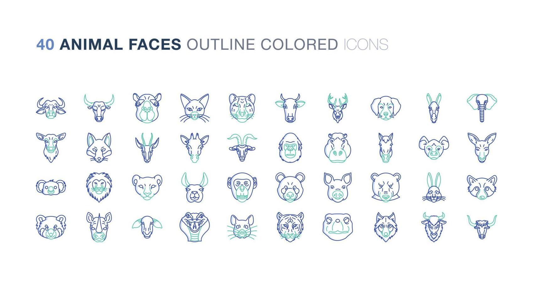 Animal Faces Outline Colored icon set vector