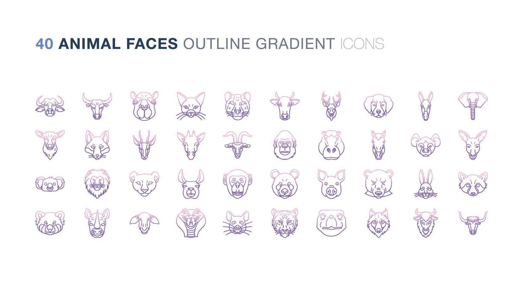 Animal Faces Outline Gradient icon set vector