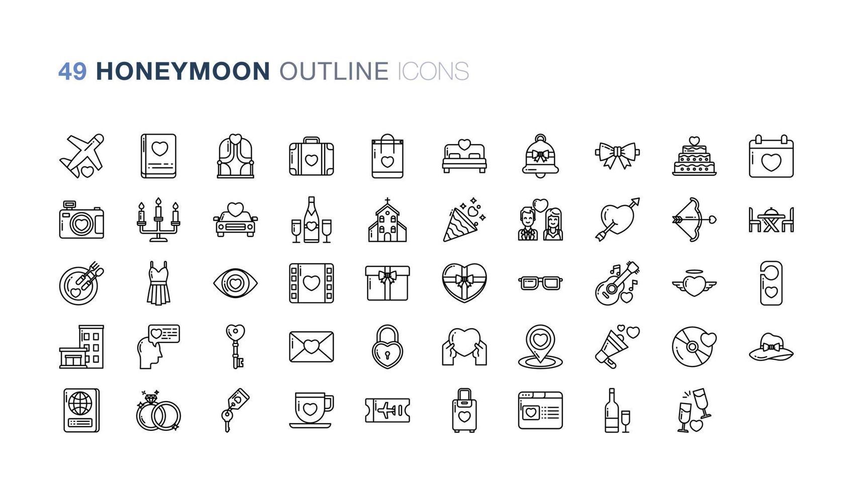 Honeymoon Outline icon set vector