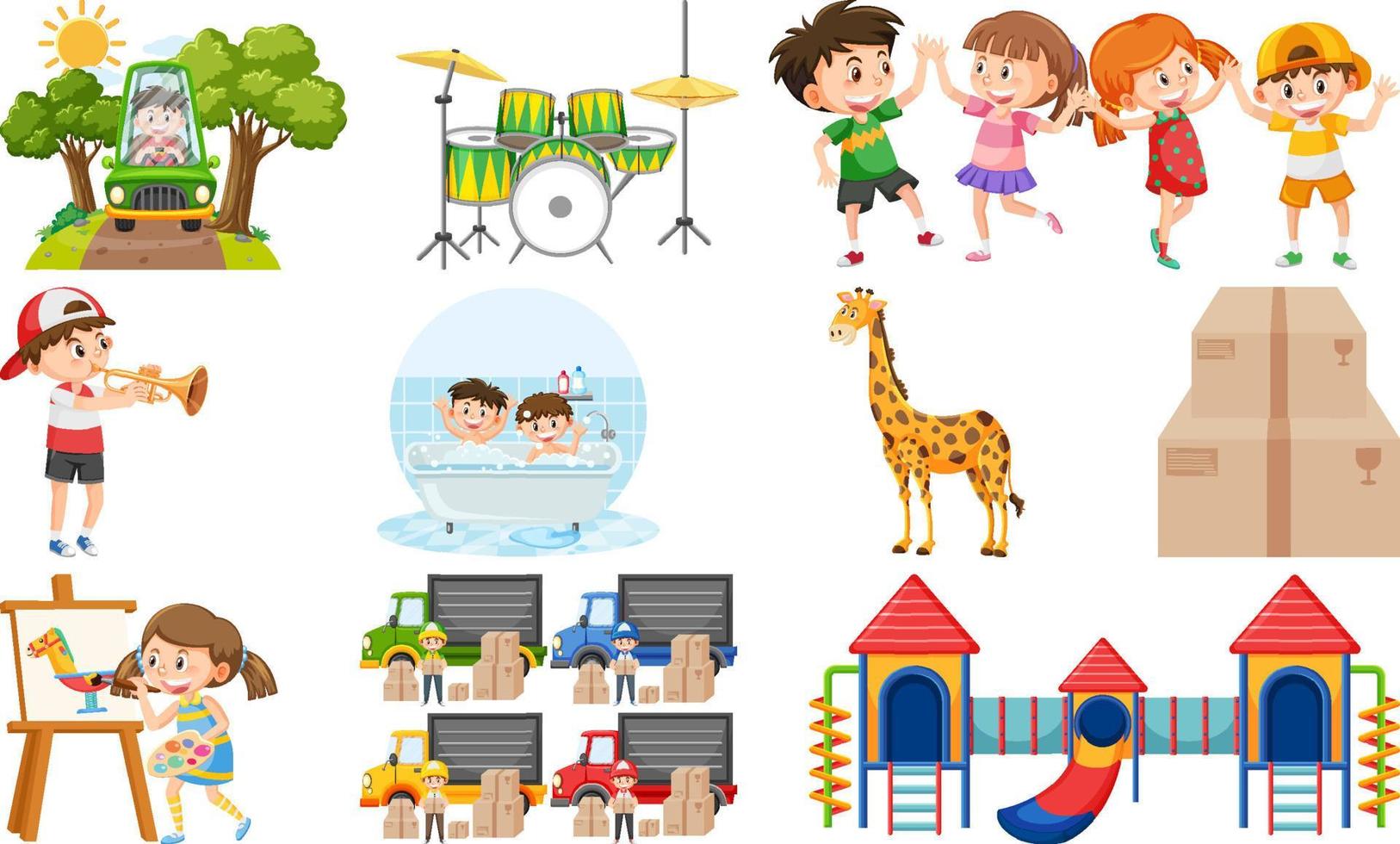 Set of cute kids and objects vector