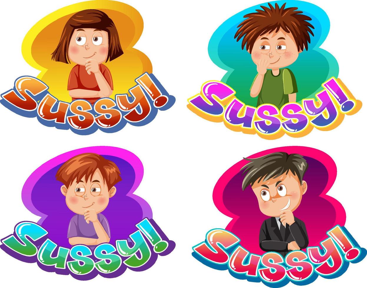 Sussy text word banner comic style with cartoon character expression vector