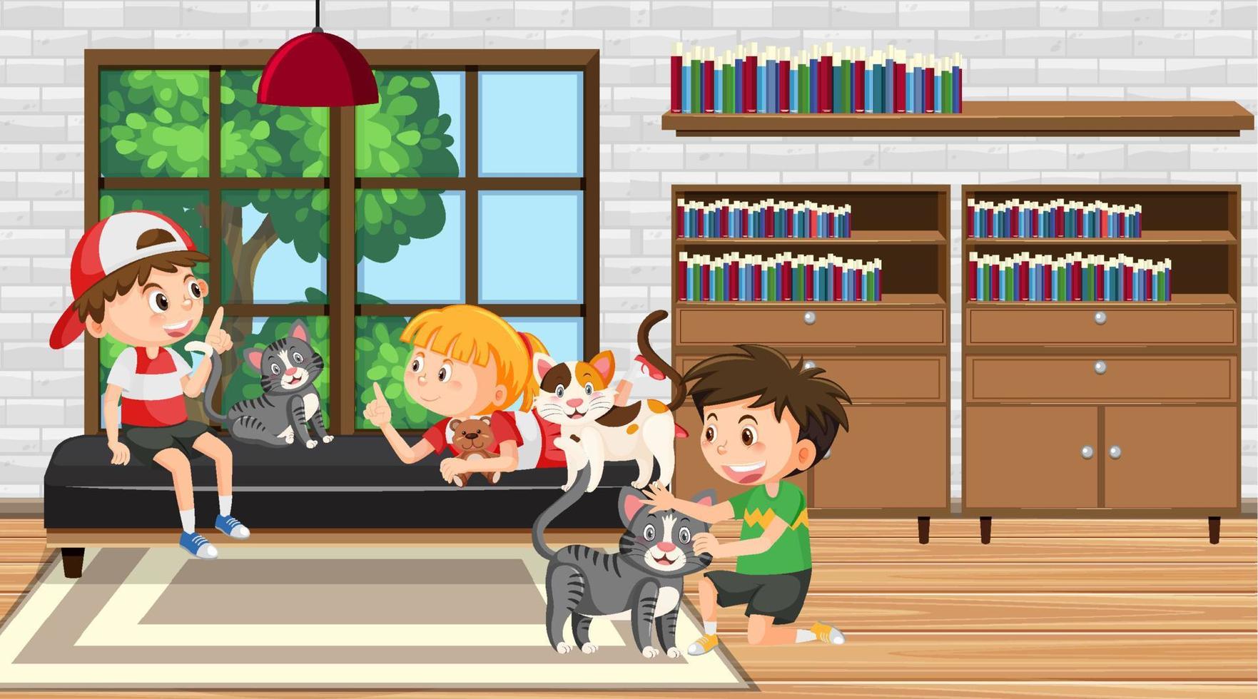 niños jugando con gato vector