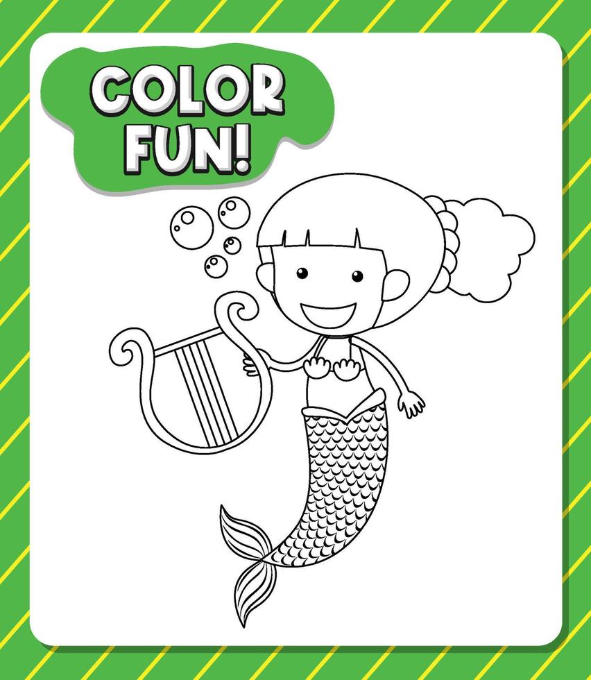 Worksheets template with color fun text and mermaid outline vector