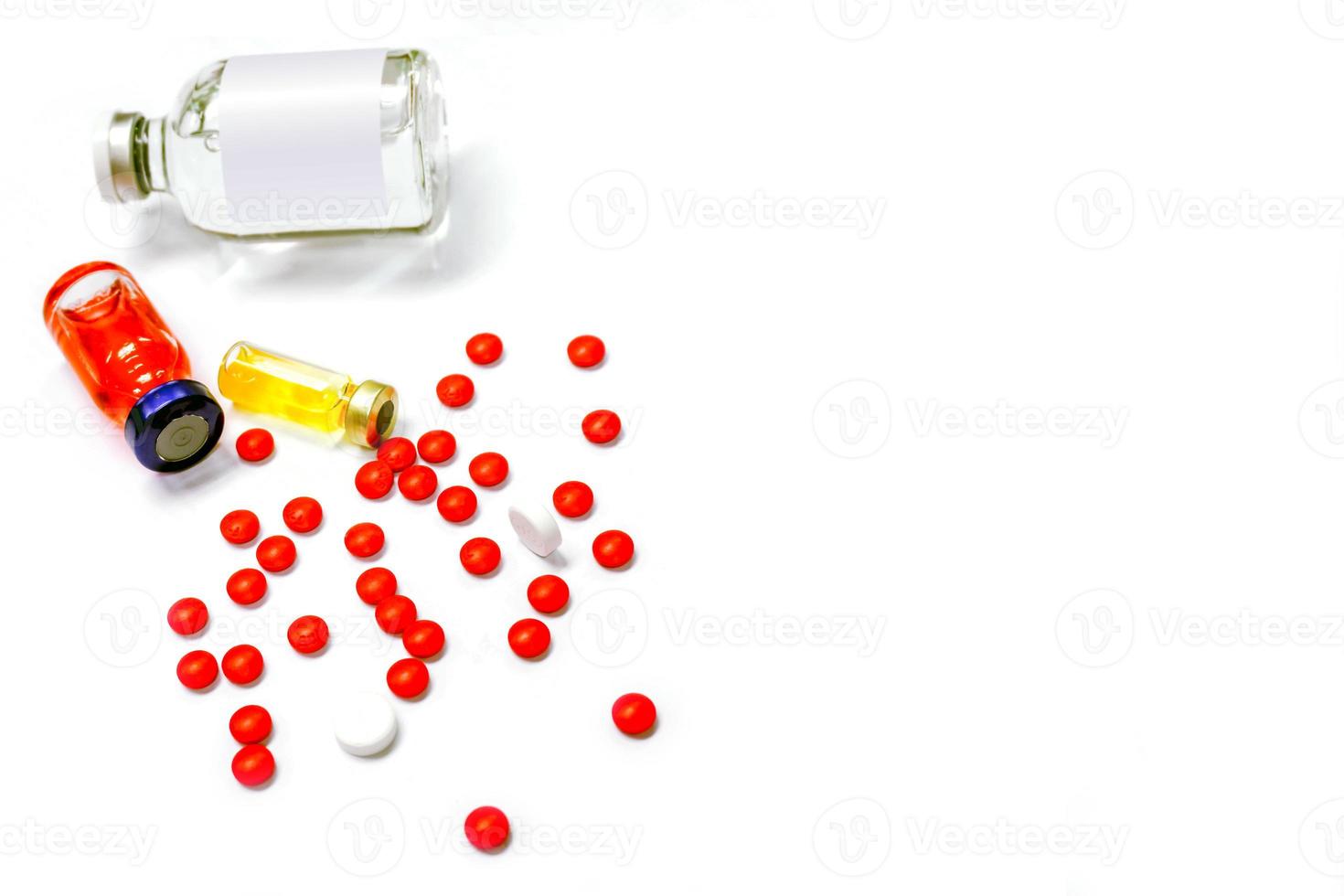 Top view of vaccine in vials and medicines of drug for heal put on white background photo