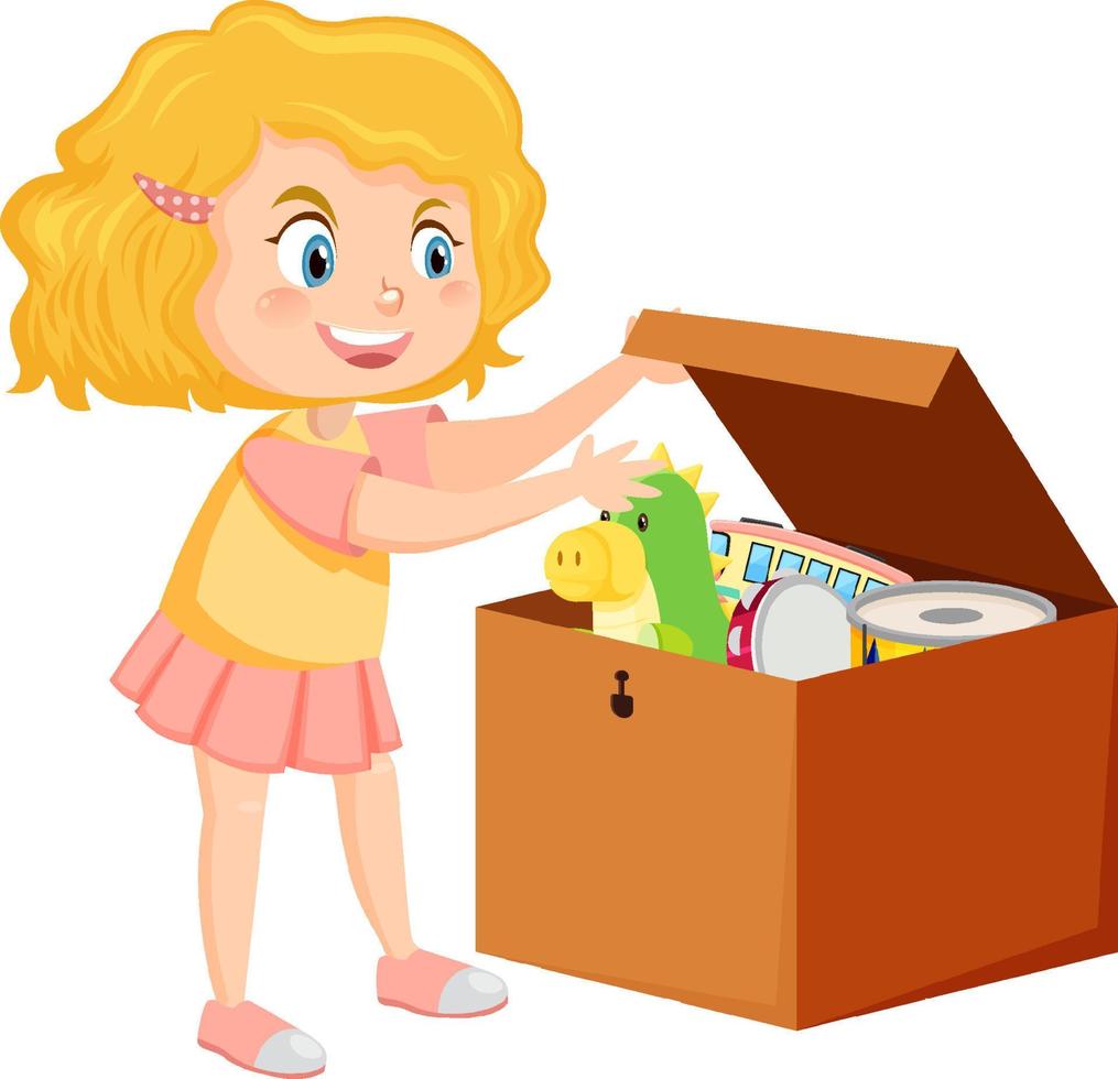 A girl putting her toy into the box vector