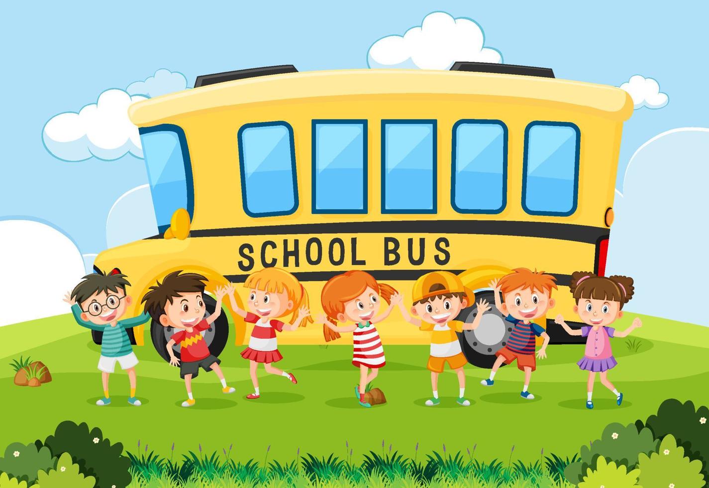 Happy students and school bus background vector