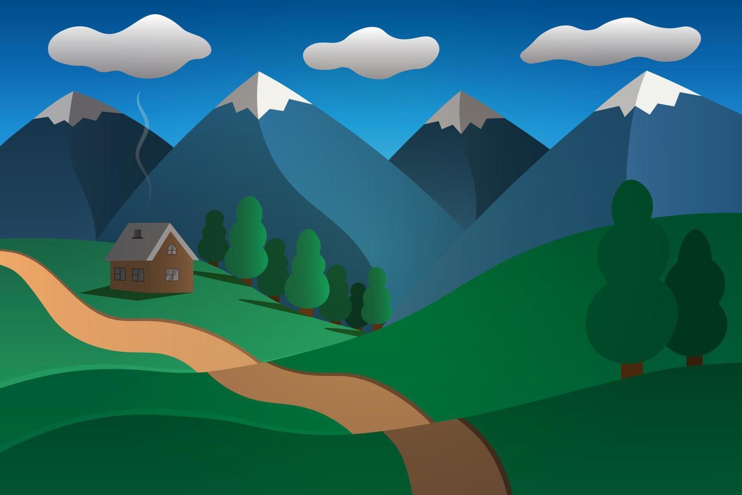 Path to the house, mountain landscape with snowy peaks vector