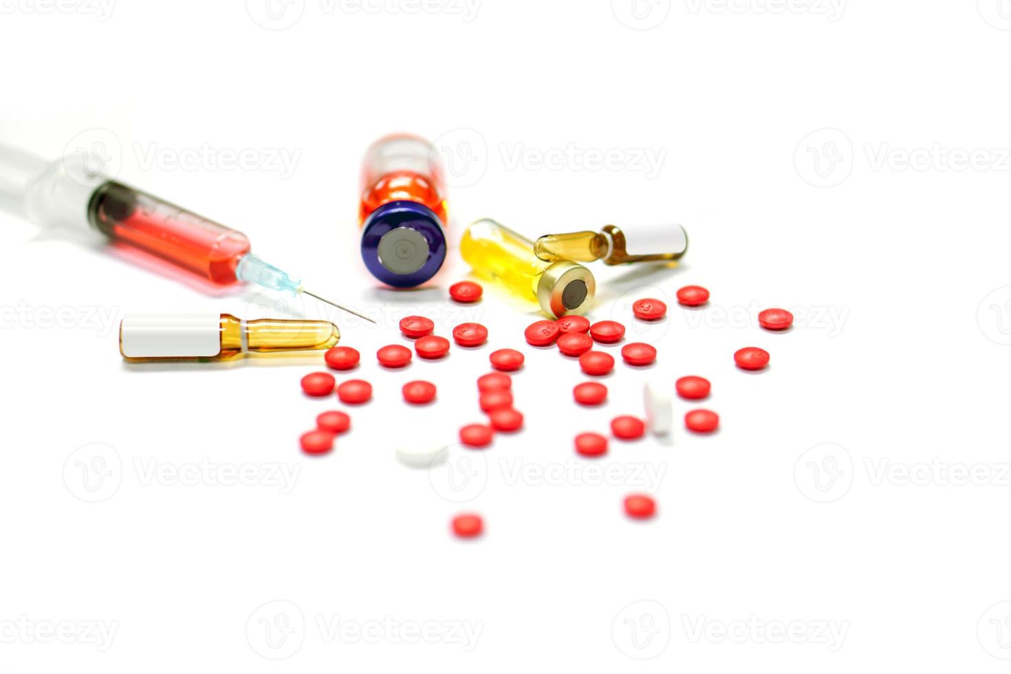 vaccine in plastic syringe and vial, ampules with medicines of drug for heal put on white background. photo