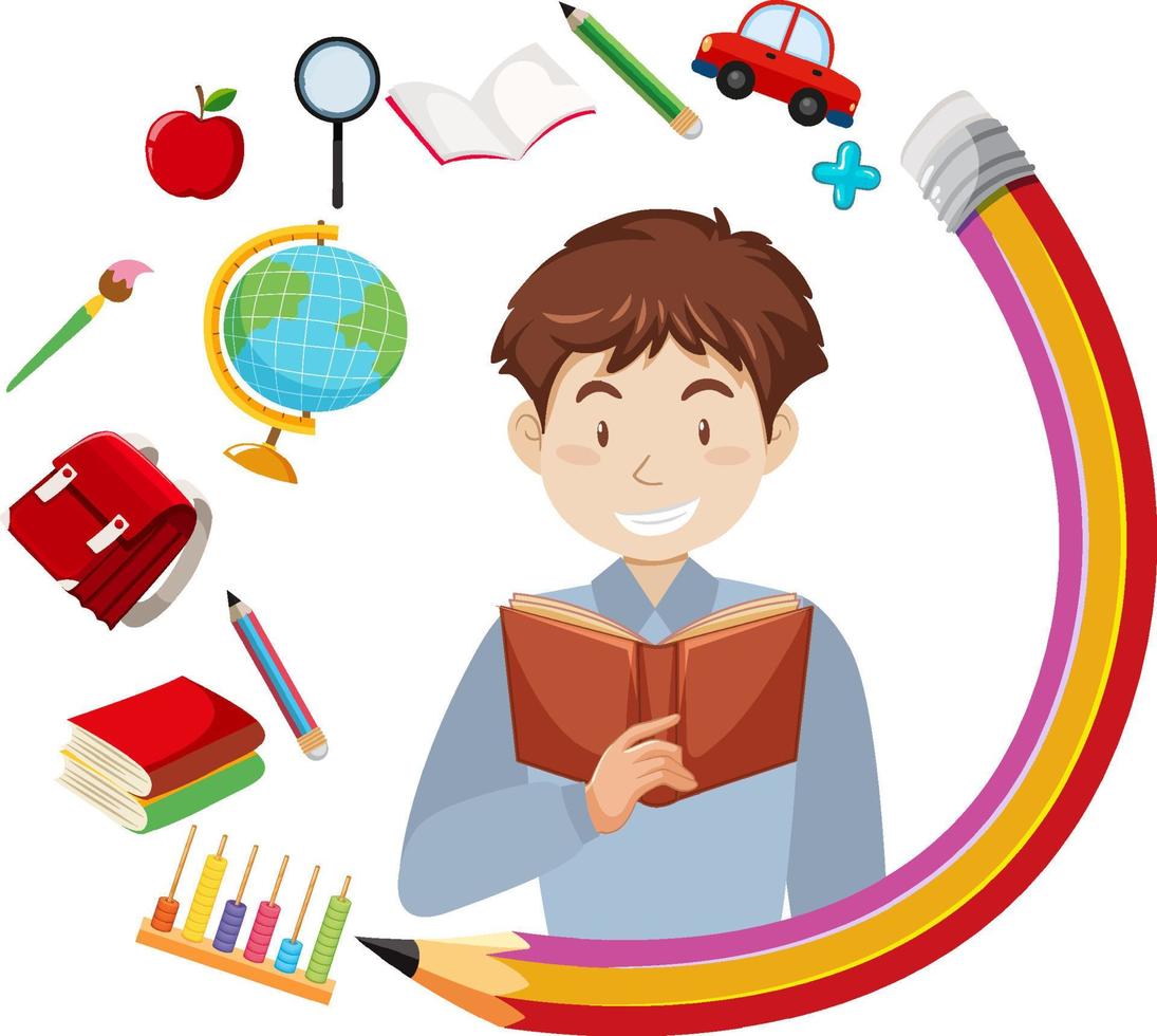 A happy man reading book and stationery objects vector