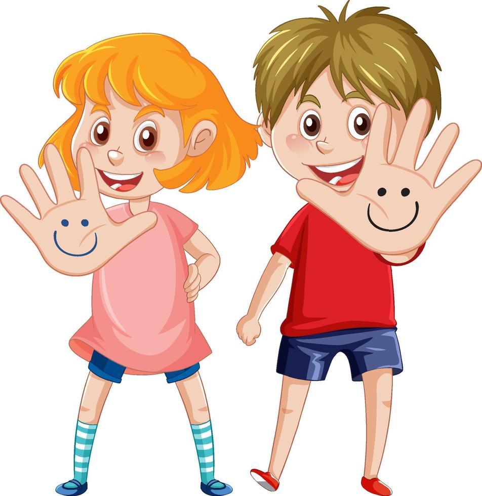 Two kids open hands cartoon character vector