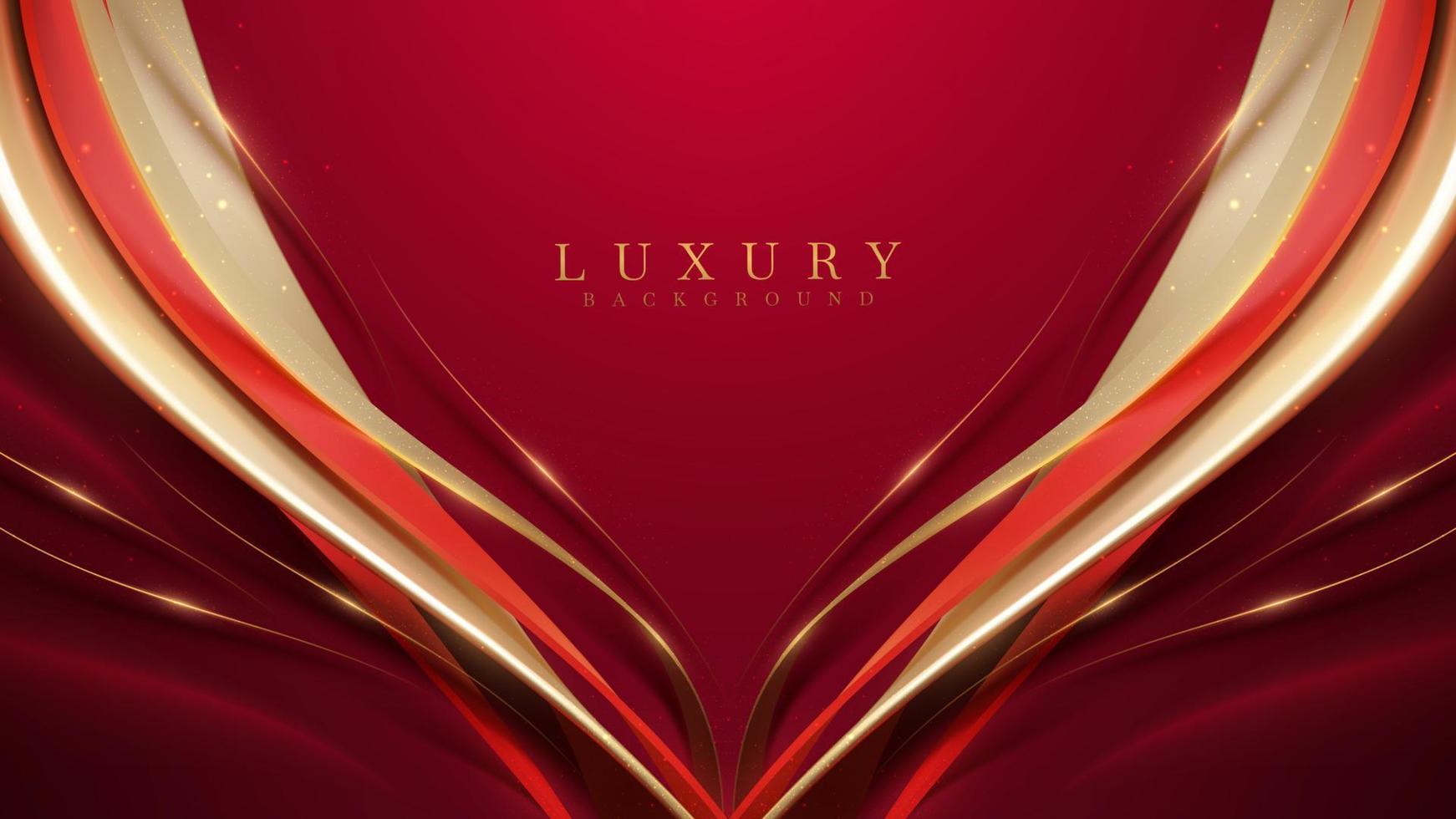 Red luxury background with golden curve decoration with glitter light effect elements and bokeh. vector