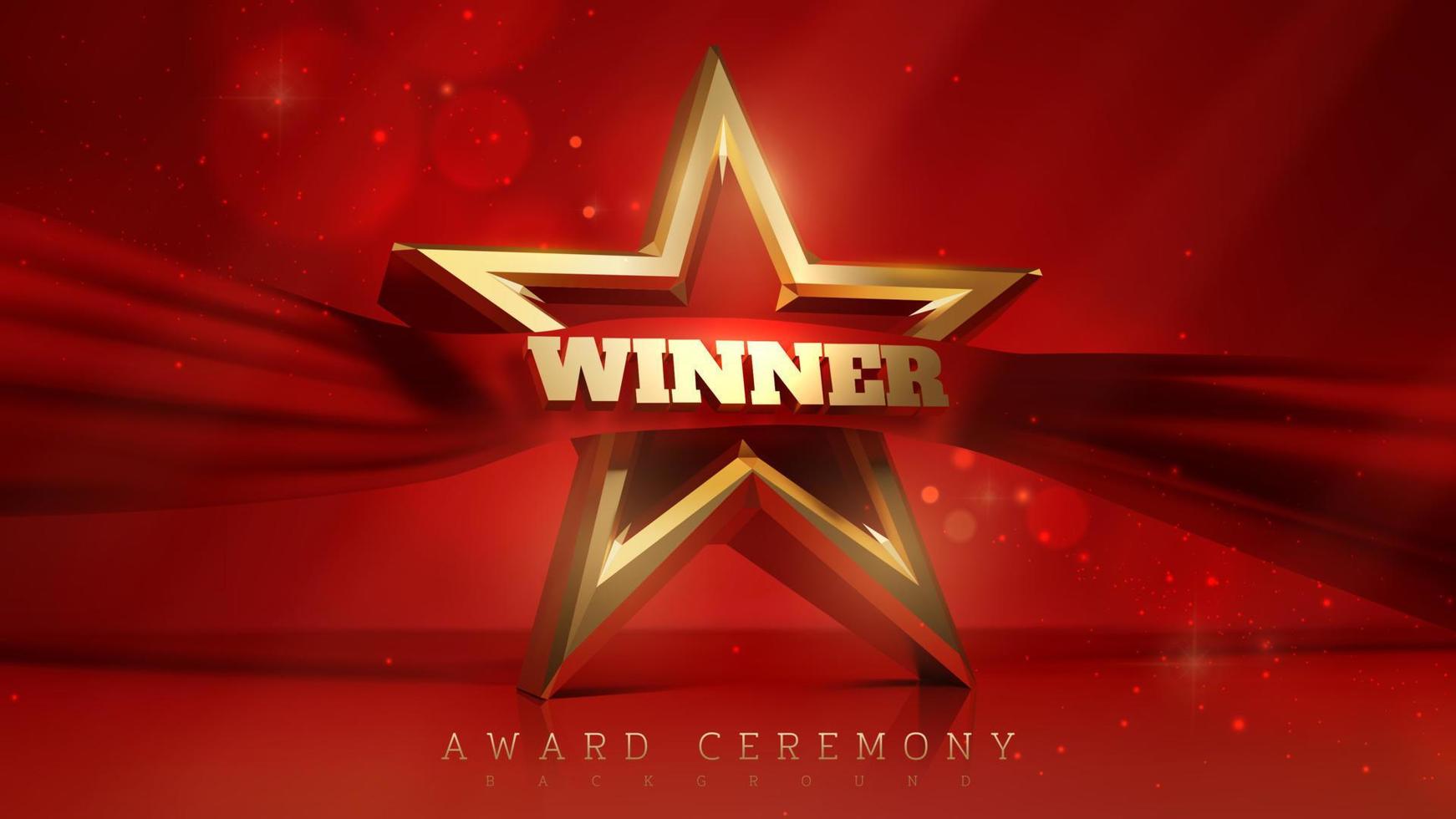 Award ceremony background and 3d gold star with red silk ribbon decoration with winner text and glitter light effect elements. vector