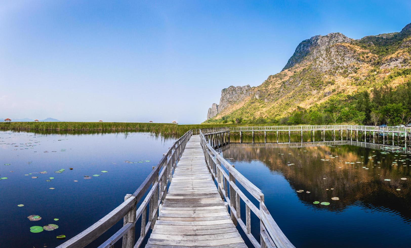 Beautiful landscape of wooden bridge walkway in swamp with grass field with blue sky mountain range background in Khao Sam Roi Yot National Park, Kui Buri District, Prachuap Khiri Khan, Thailand photo