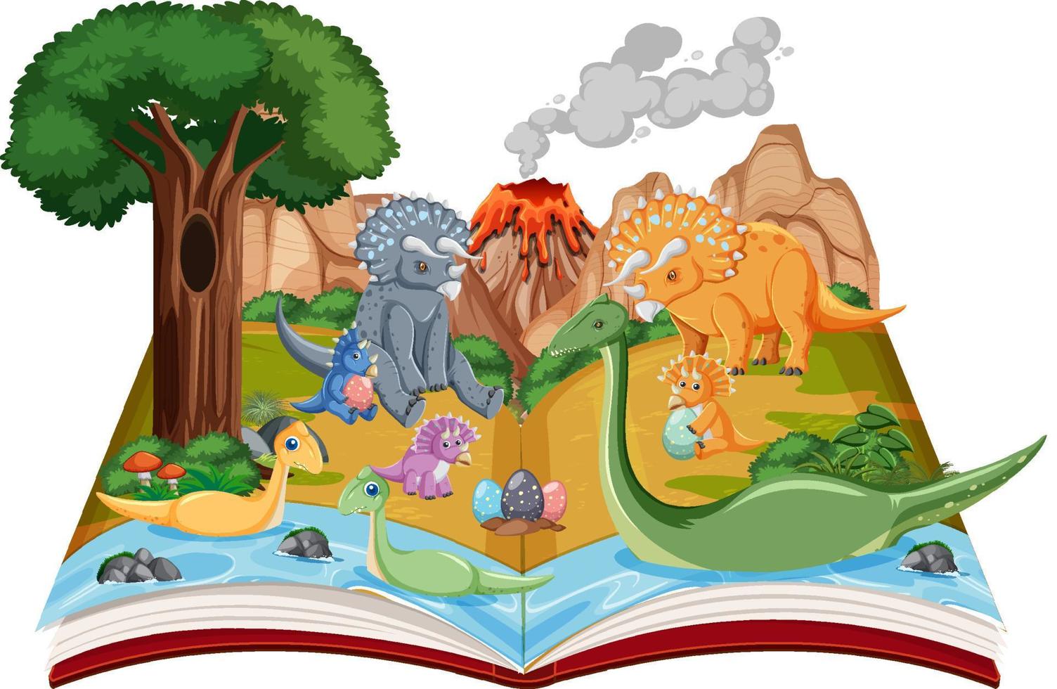 Opened book with various dinosaurs in the forest vector