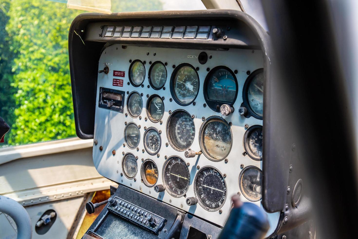 Closeup of retro aviation, aircraft control panel dashboard. photo