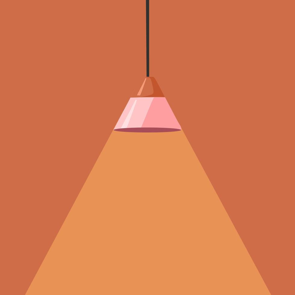 Modern ceiling lamp in cartoon style. A chandelier hanging on a cable with the light on. An element of a modern interior. Vector illustration