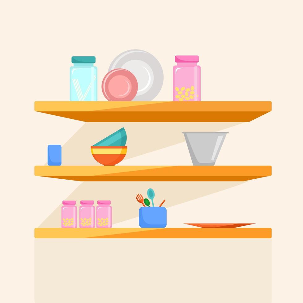Wooden shelves with kitchen utensils. Vector illustration in cartoon style