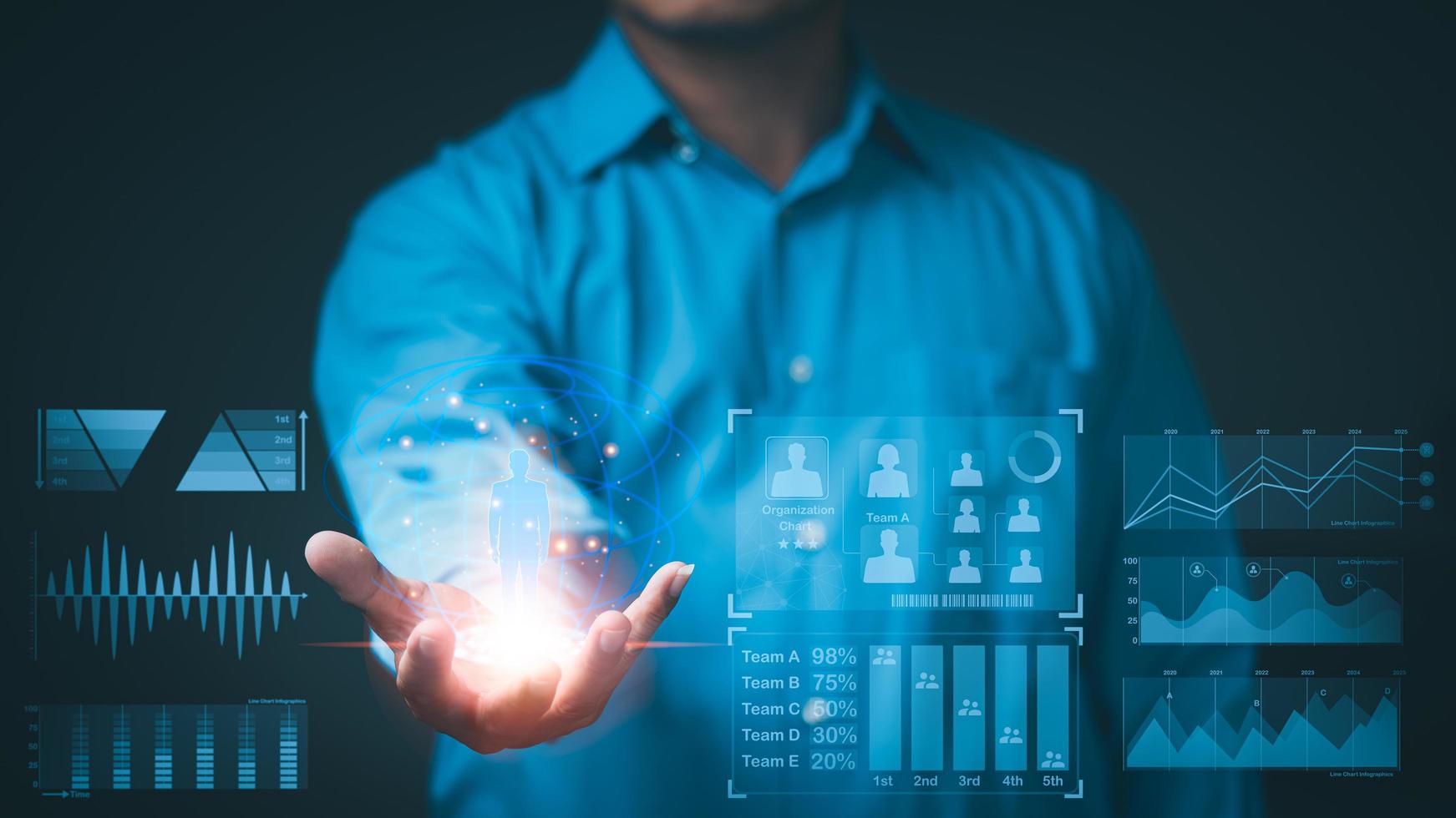 The young executive is managing the resources and personnel of the corporate development team through a virtual screen. , through a network, technology to find employees, CRM, hr, who have leadership photo