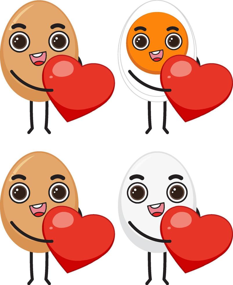 Set of egg cartoon characters holding hearts vector