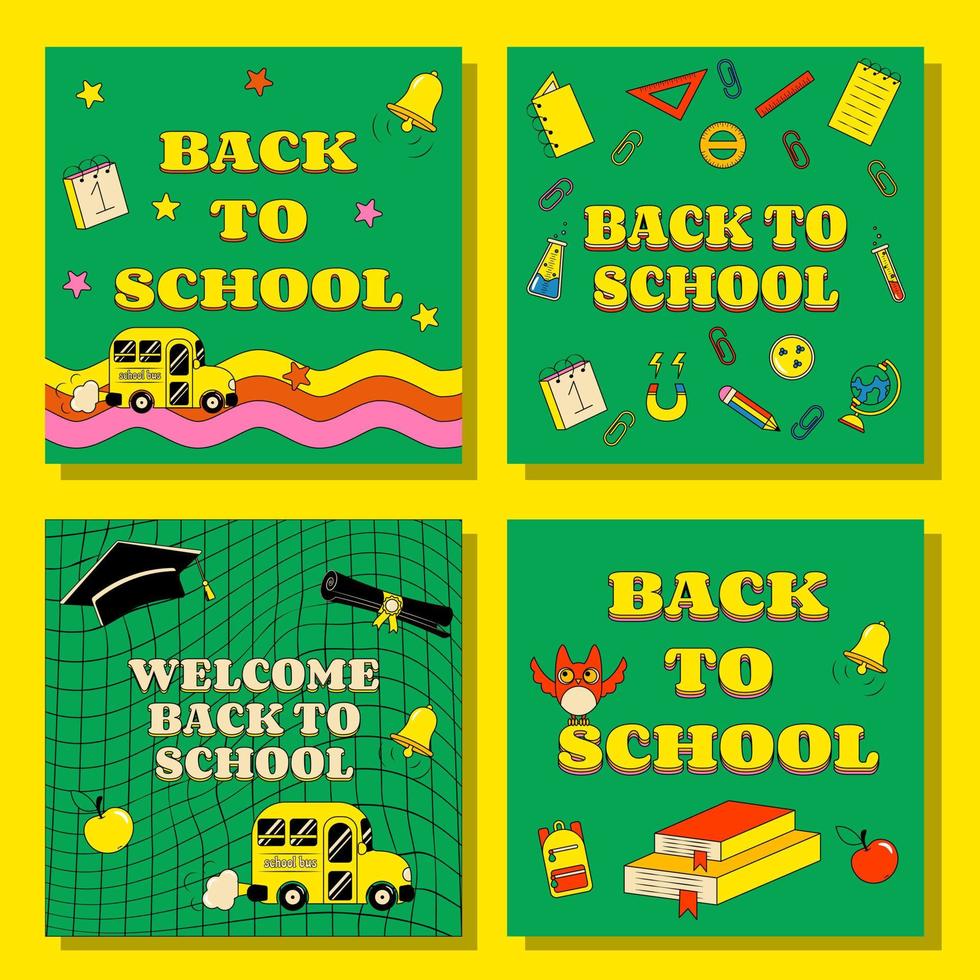 conjunto de pancartas de regreso a la escuela en tarjetas de fiesta estilo ranura vector