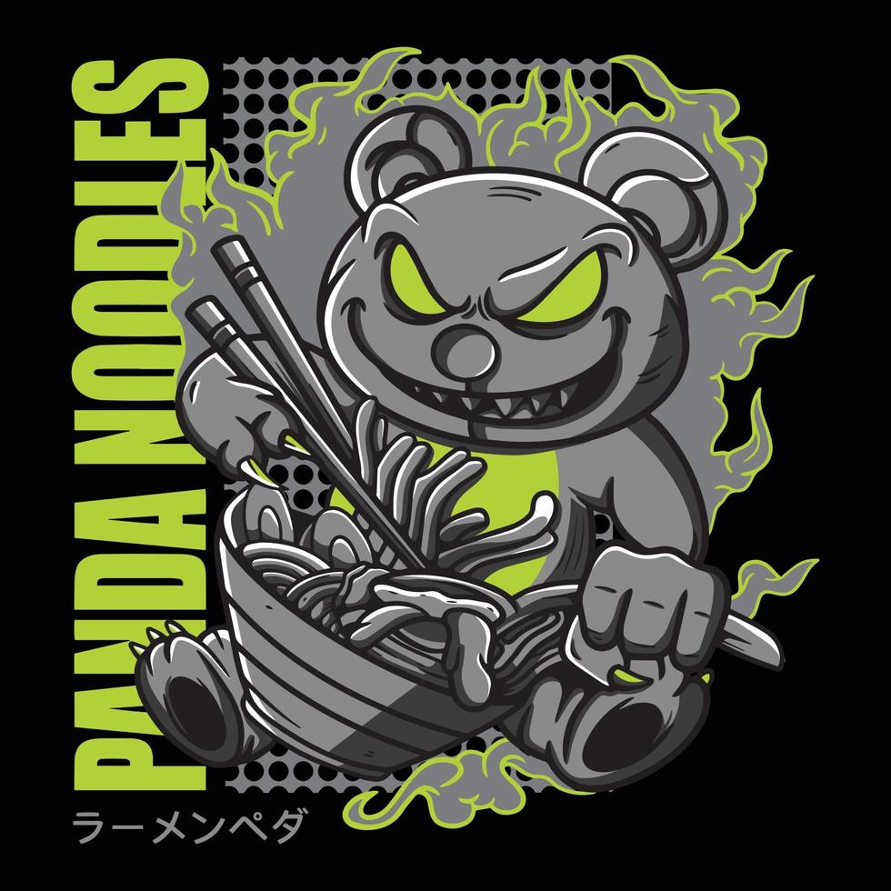 Illustration of panda with ramen noodles. Vector graphics for t-shirt prints and other uses.