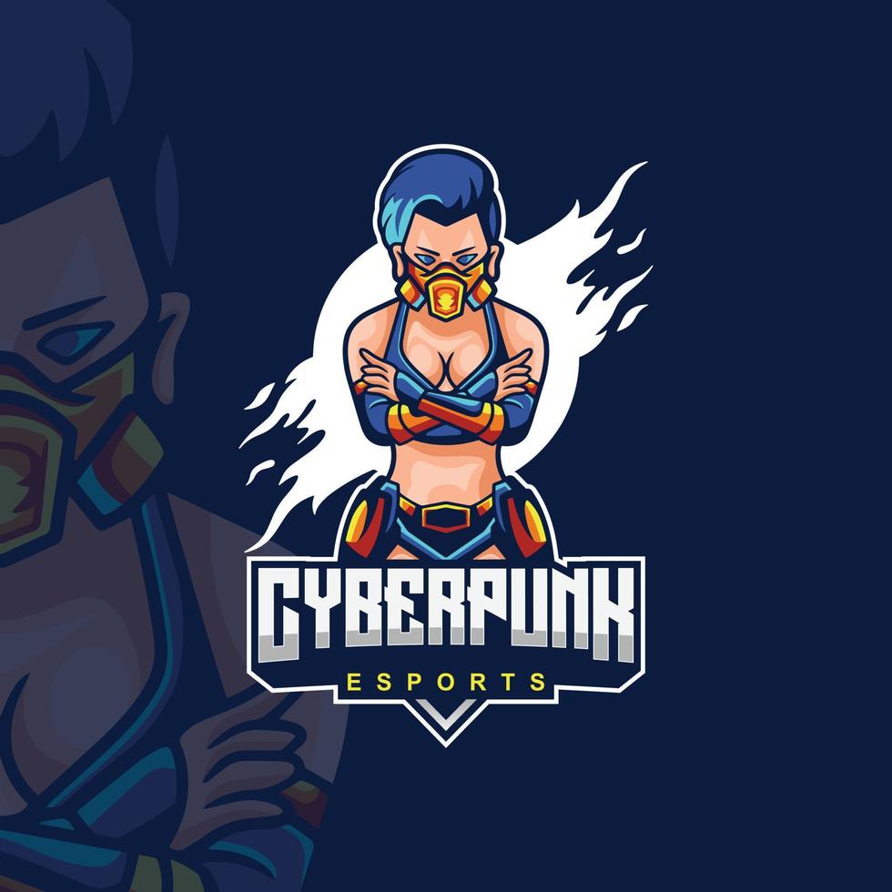 Cyberpunk logo illustration with women's mask respirator, Suitable for sports logos, T-shirt designs and product identities, etc. character logos. vector