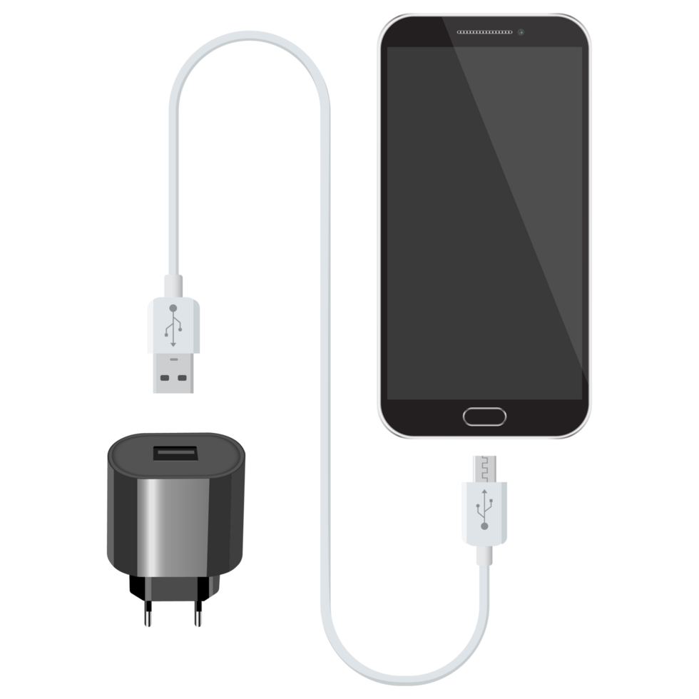 Black smartphone with USB charger. Vector illustration png