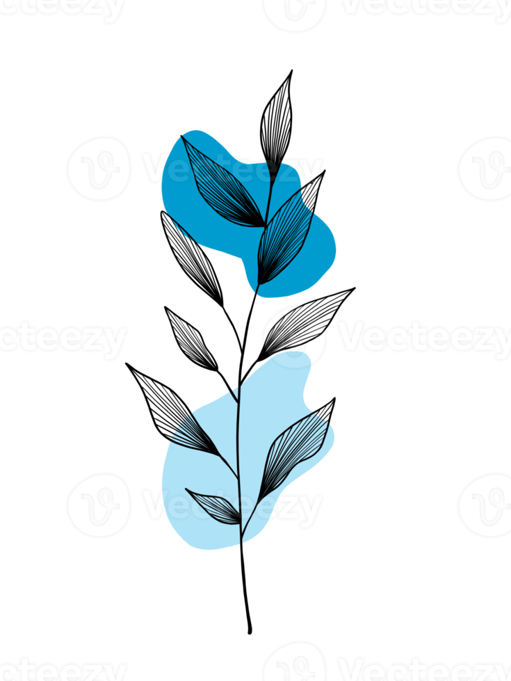 Leaves wall art. Botanical line art with blue abstract shapes. Minimalist style. Natural concept. png
