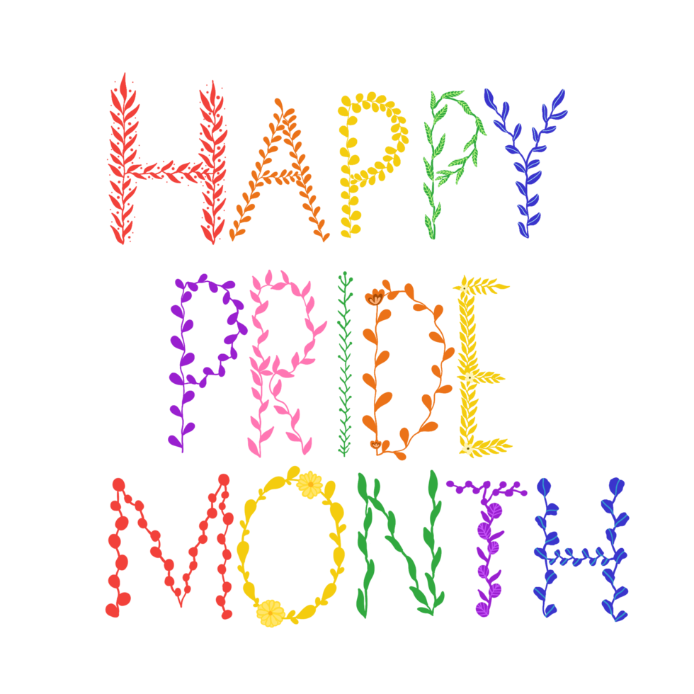 HAPPY PRIDE MONTH text in rainbow LGBTQ flag colors on white background. Symbol of LGBTQ pride month. Design for cards,invitation,poster,text,wallpaper,print and etc. png