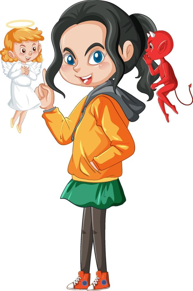 Cartoon character with devil and angel fighting in thought vector