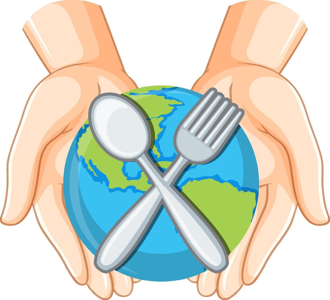 Spoon fork and earth globe in human hands vector