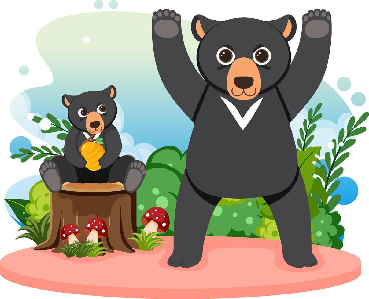 Two cute black bears in flat cartoon style vector