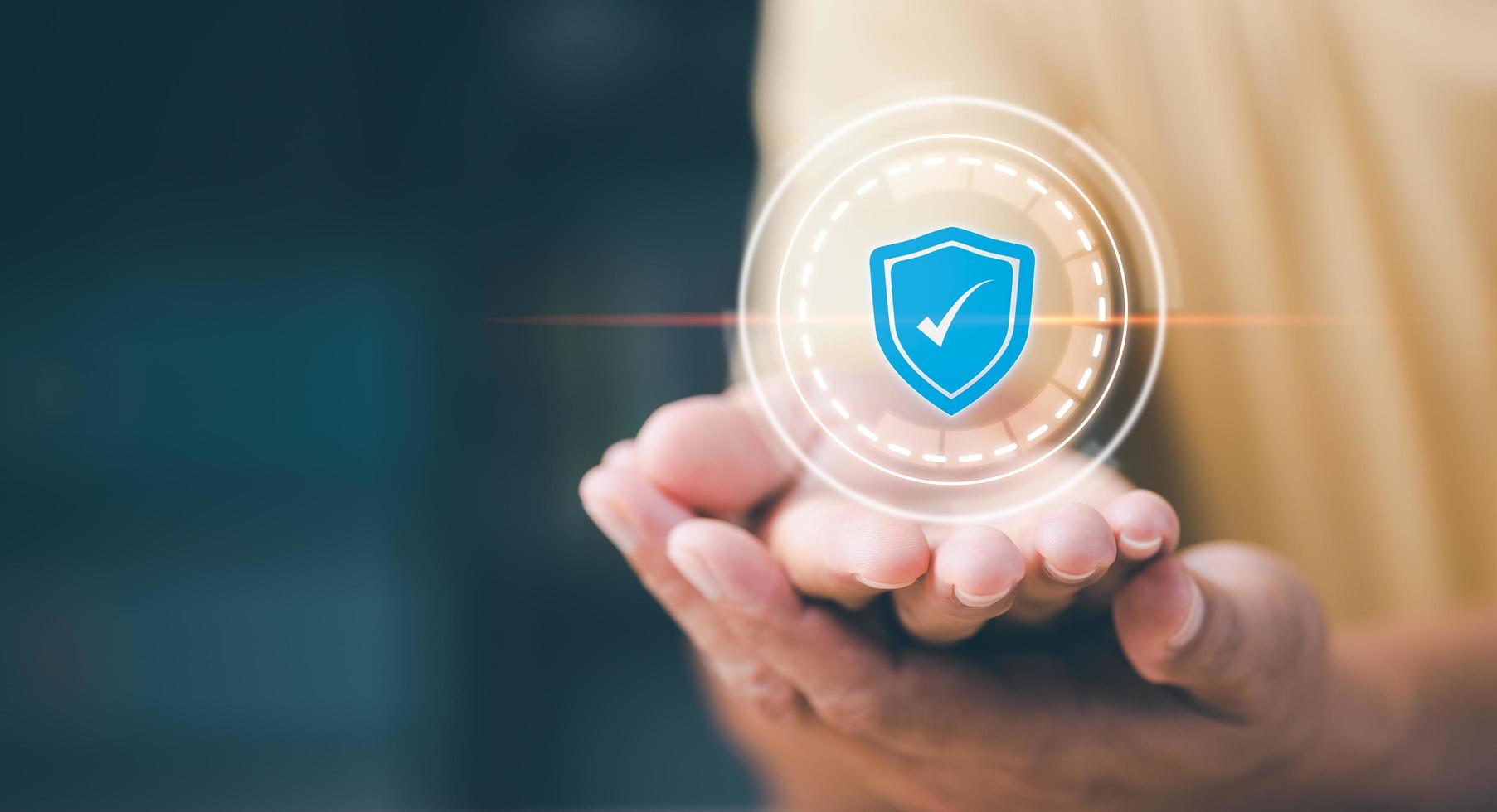 Icon in the hand of a young businessman. , The concept of using Internet technology for cyber network security, and privacy protection. Confidential password before logging into online data securely. photo
