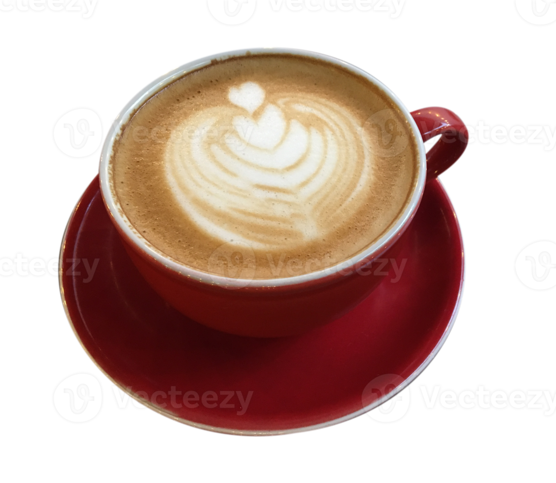 Cappuccino with frothy foam, red coffee cup top view closeup isolated on transparant background. Flat lay style. png