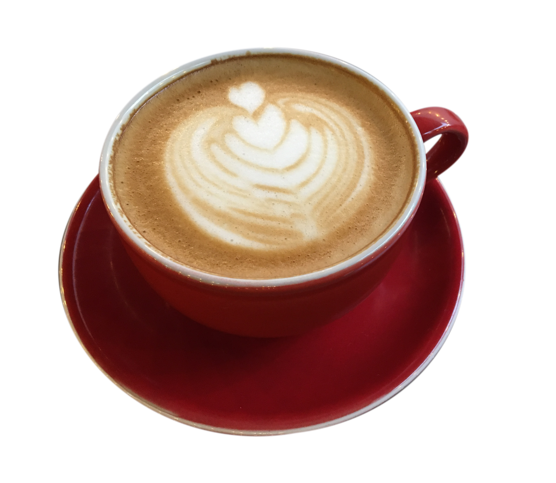 Cappuccino mit schaumigem Schaum, Draufsicht der roten Kaffeetasse