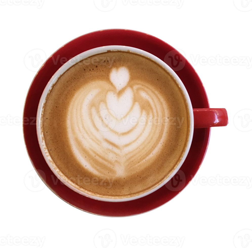 Cappuccino with frothy foam, red coffee cup top view closeup isolated