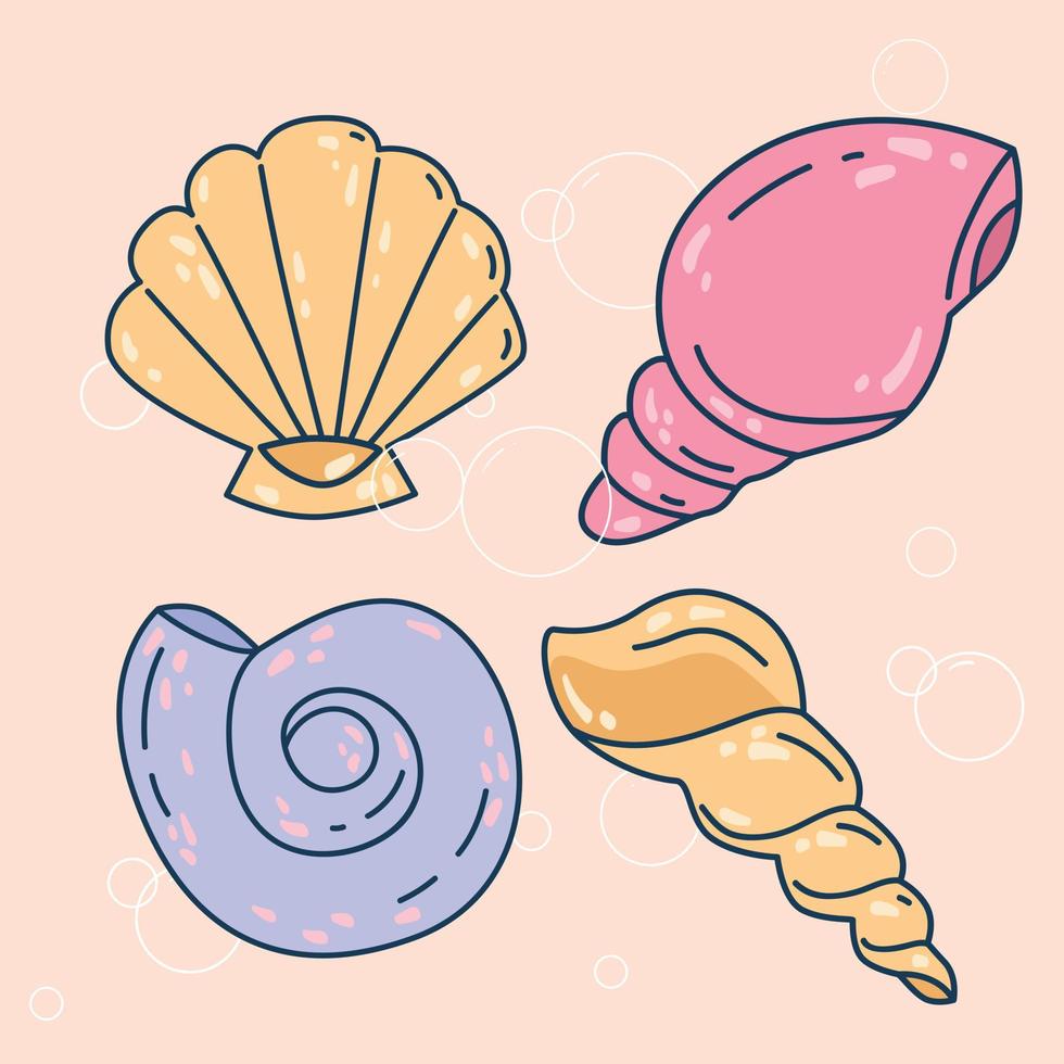 summer beach concept. Linear seashell colorful icon set vector